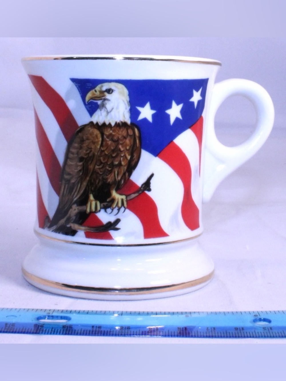 Porcelain Eagle & American Flag Accent Mug with Gold Trim Red White BLUE USA